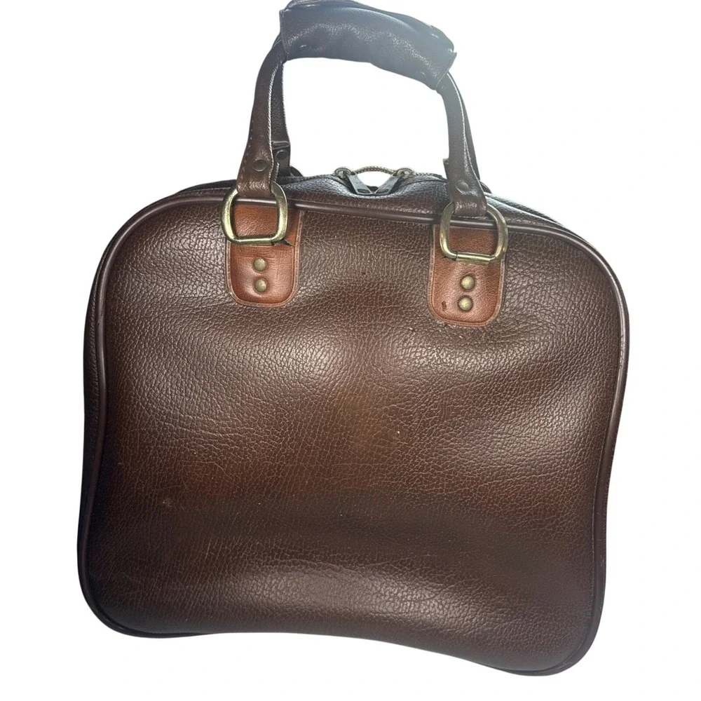 Vintage Retro Ajay Faux Leather Bowling Ball Bag With Scovill Zippers Brown